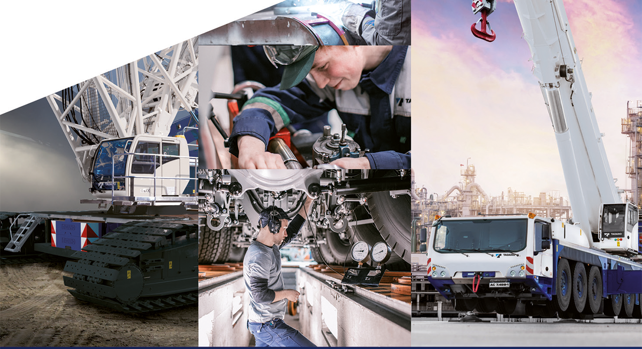 Collage mit Bildern aus dem Arbeitsalltag zum Beispiel einem Kranfahrzeug und jungen Menschen bei der Wartung und Reparatur der Maschinen und Fahrzeuge. 