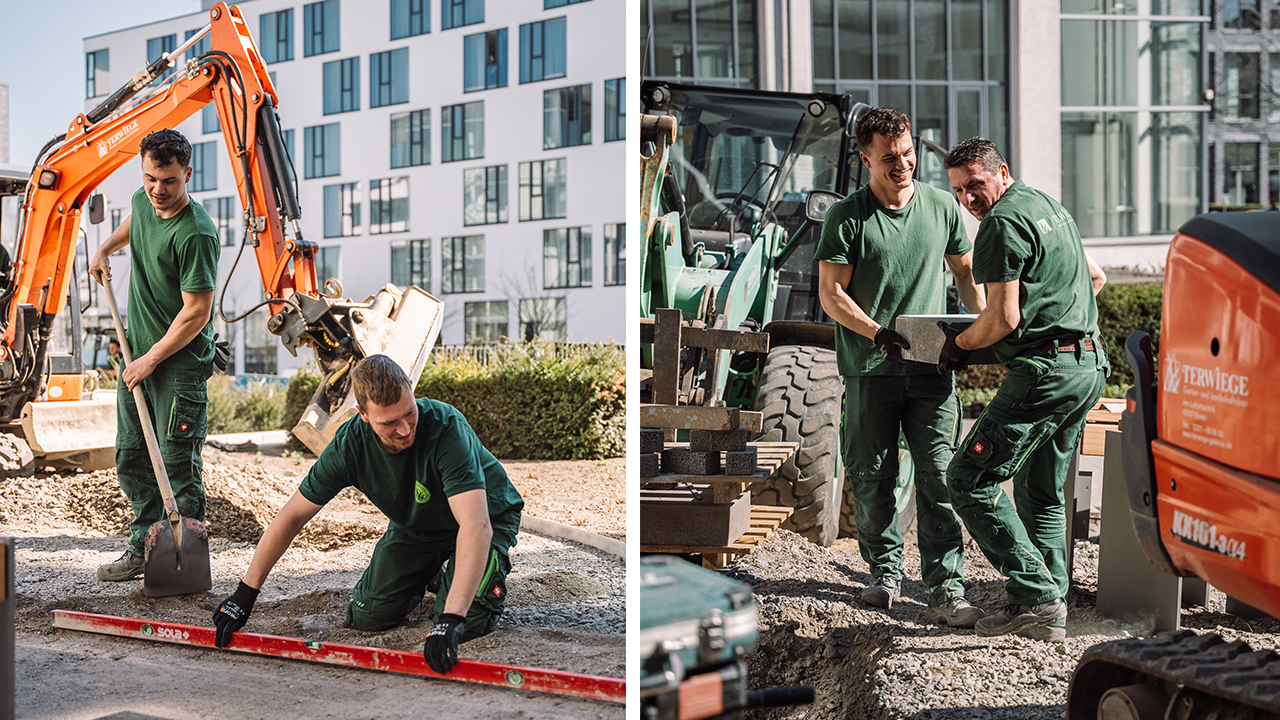 Junge Menschen mit Minibagger und Pflastersteinen