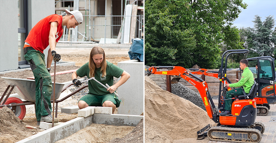 Junge Menschen mit Schubkarre und Minibagger