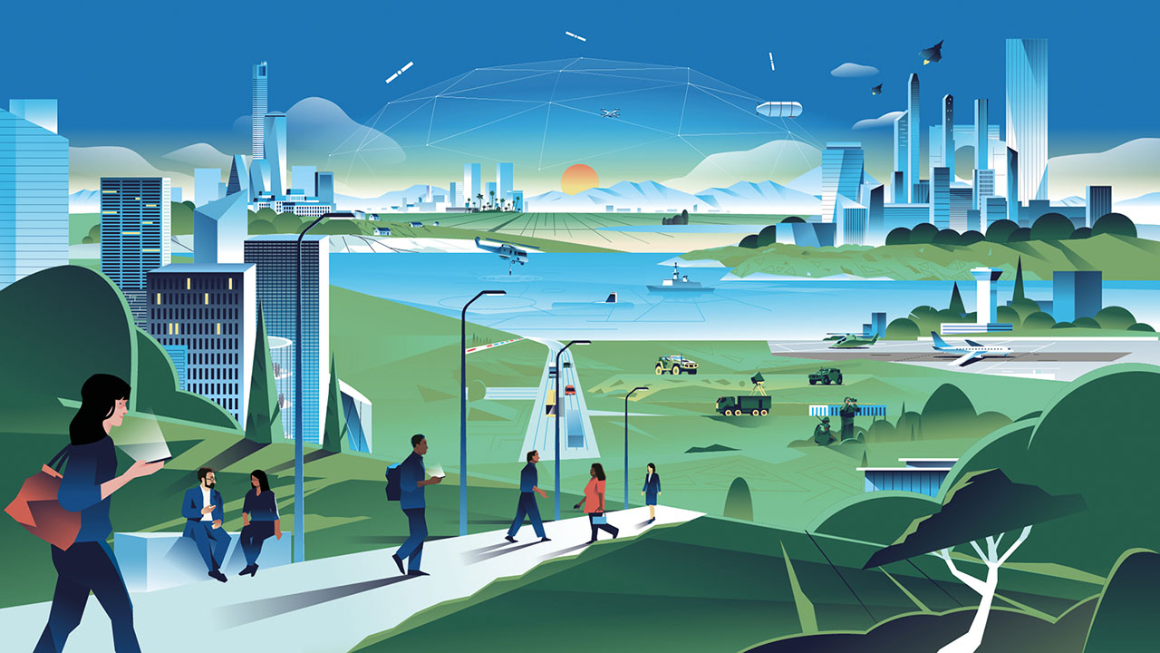 Futuristisches Bild. Man sieht Menschen auf einem Weg laufen. Im Hintergrund moderne Hochhäuser und am Himmel fliegen Objekte.