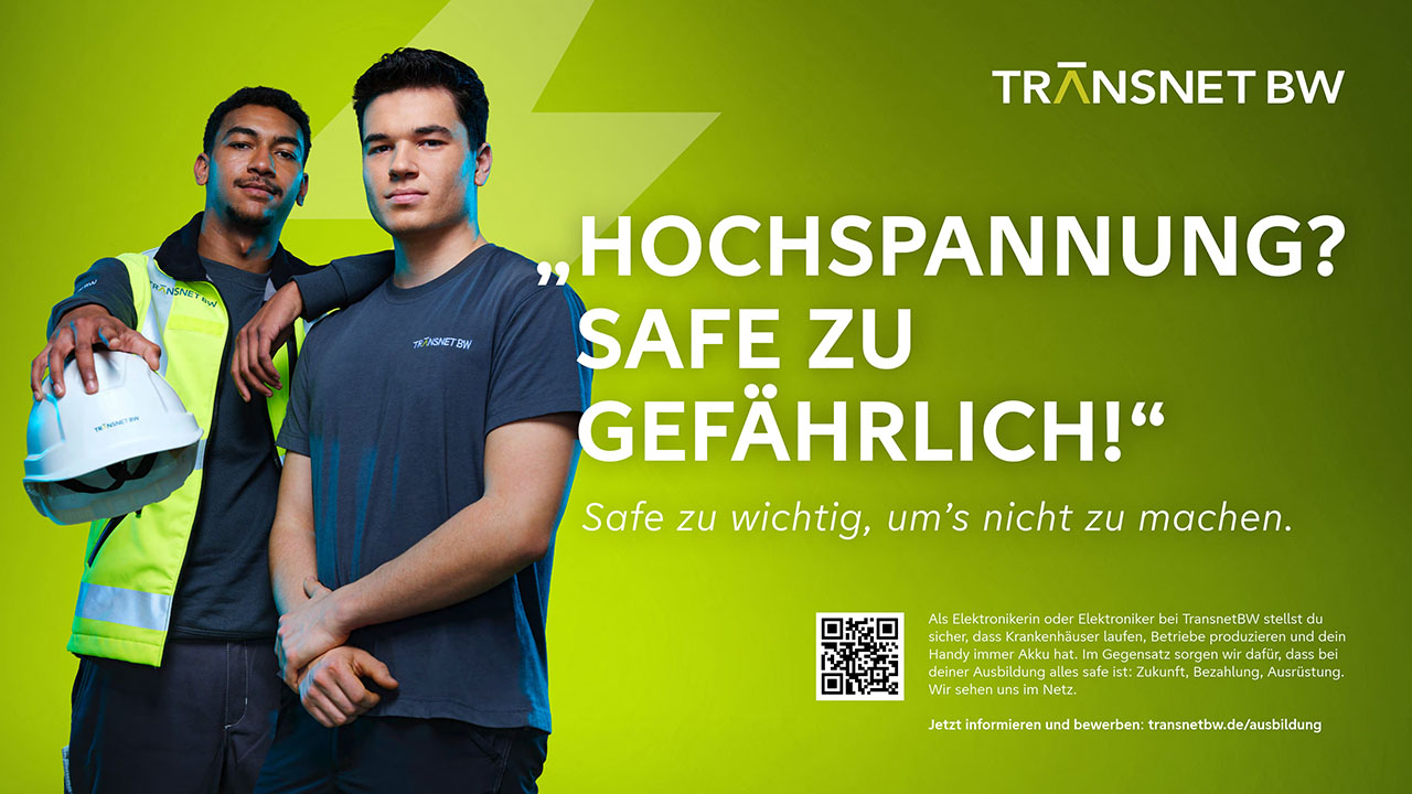 Werbekampagne: Zwei Männer, einer davon in neongelber Warnweste; Spruch: Hochspannung? Safe zu gefährlich!