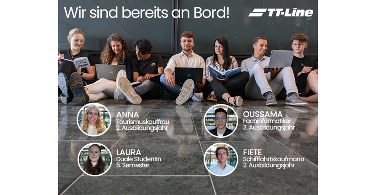 Werbekampagne mit Slogan Wir sind bereits an Board! 7junge Menschen sitzen auf dem Bogen und halten Laptops und Bücher in den Händen
