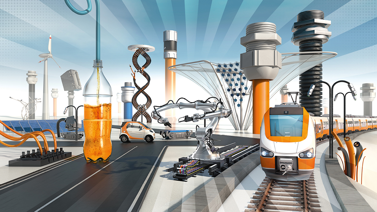 Das Bild zeigt eine futuristische Szene mit Technologien: ein Zug, ein Roboterarm, ein Elektroauto, Solarpanels, eine Getränkeflasche, Stromkabel und moderne Gebäude. 