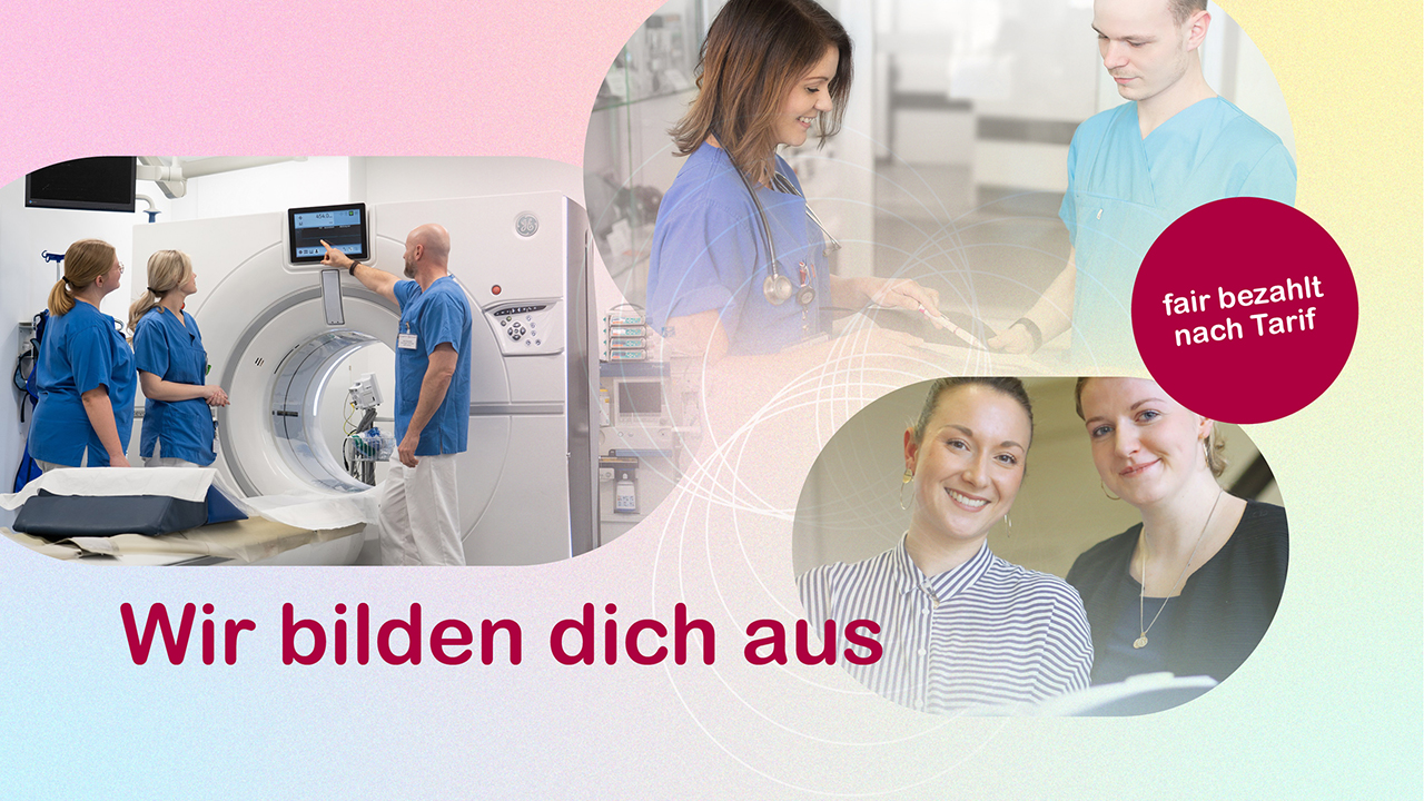 WErbekampagne mit drei Bilder aus der Klinik vor einem bunten Hintergrund "Wir bilden dich aus"