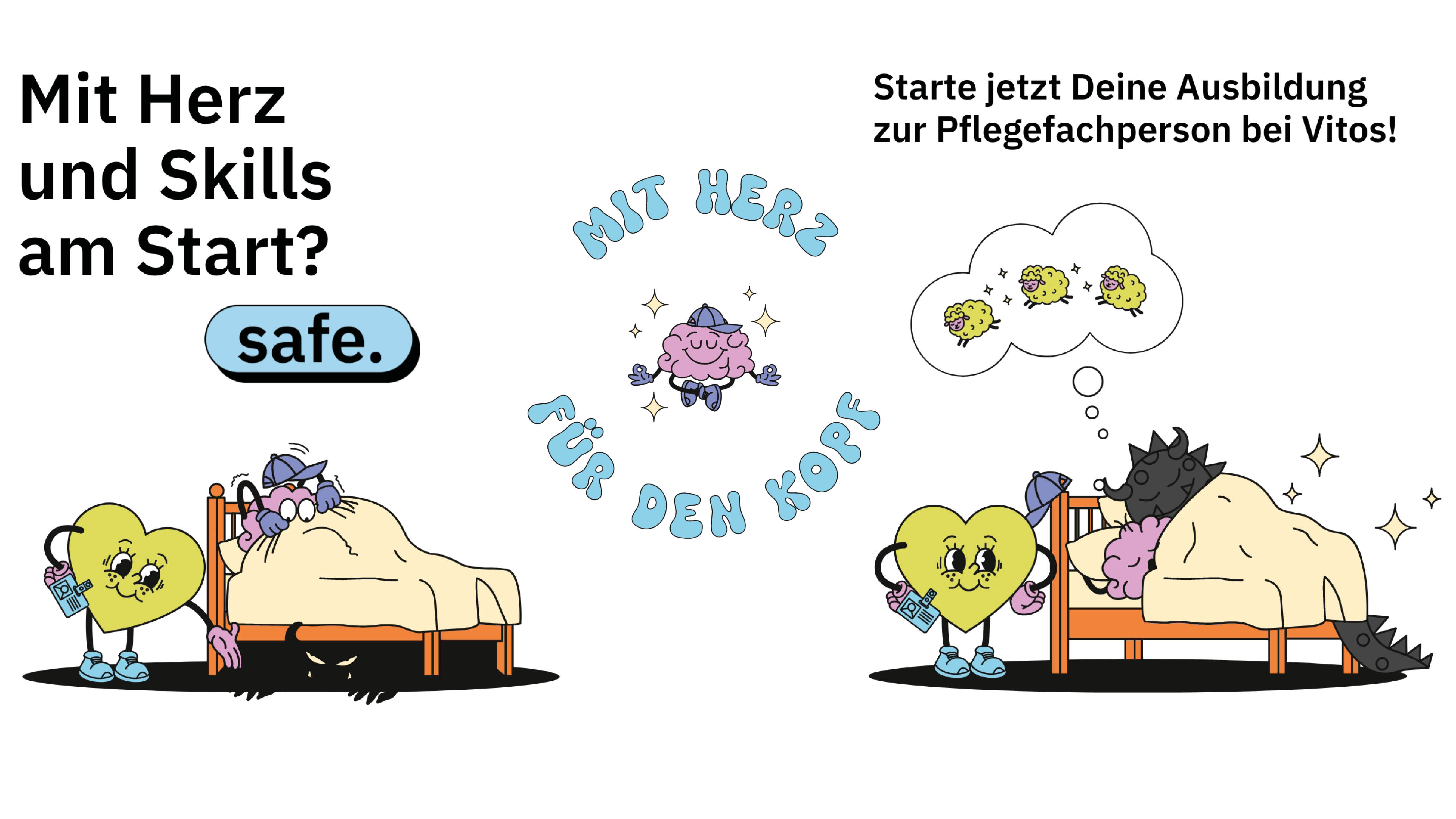 Collage aus mehreren Karikaturen. Dazu der Slogan "Mit Herz für den Kopf".