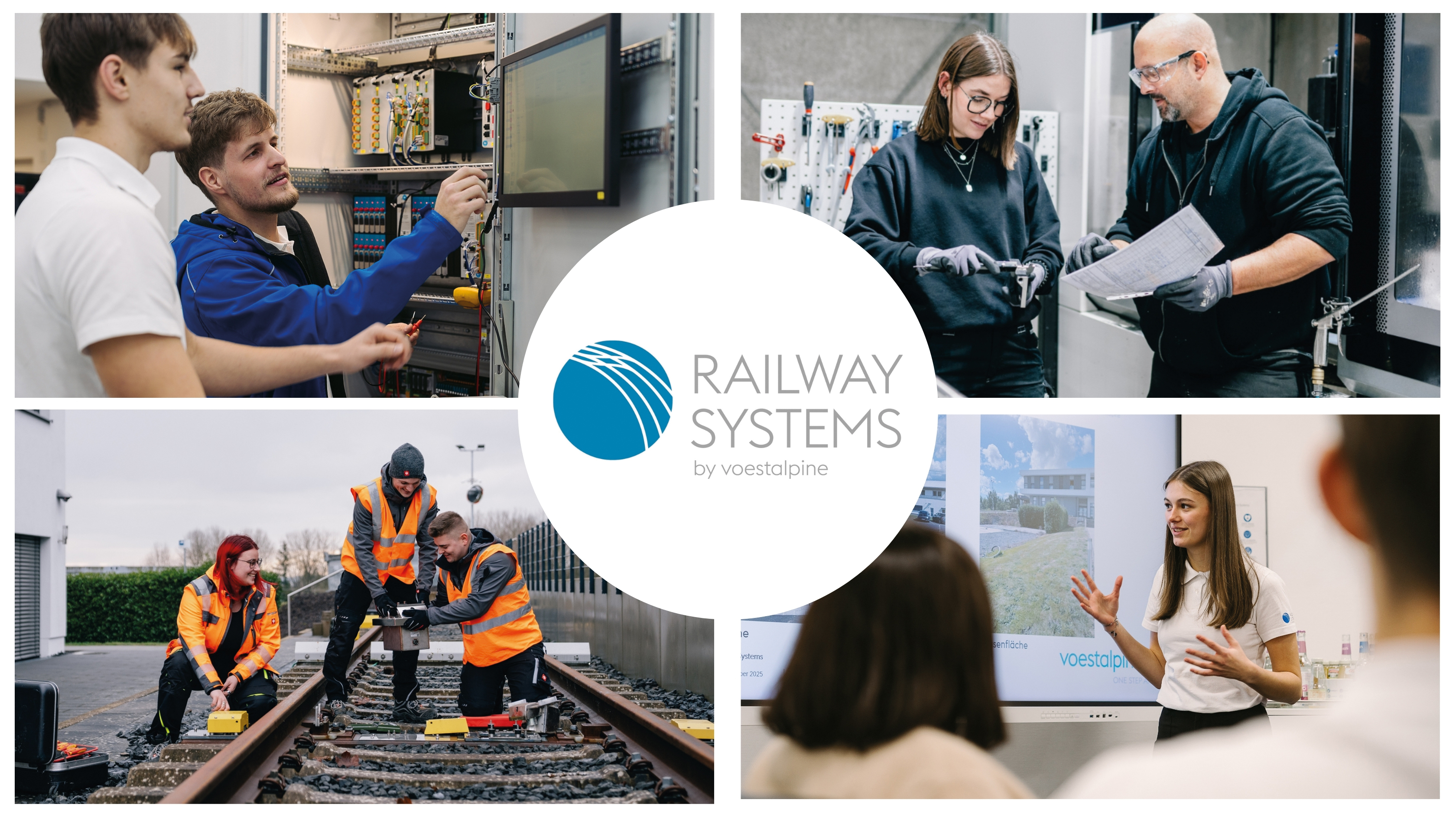 Collage aus 4 Szenen im Azubialltag verschiedener Ausbildungen. In der Mitte das Logo von voestalpine Signaling Siershahn GmbH