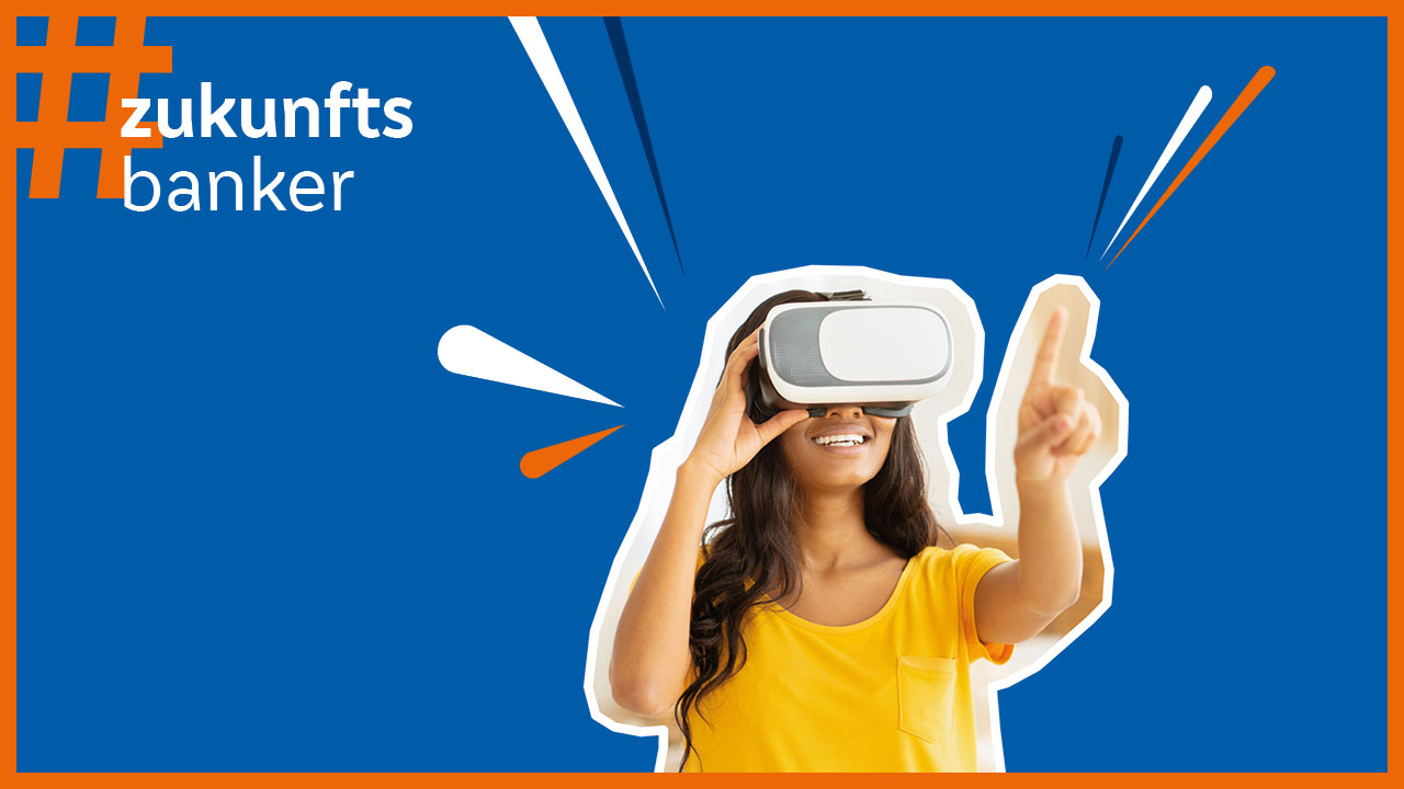 Dunkelblaues Banner mit einer Person die eine Virtual Reality Brille trägt.