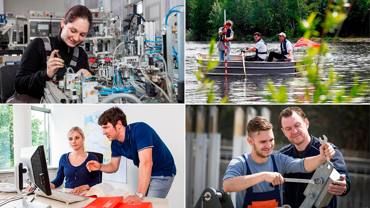 Collage aus vier Bildern. Links oben Person, die an einem elektrischen Gerät arbeitet, rechts oben drei Personen in einem Boot, links unten zwei Personen am Computer, rechts unten zwei Personen mit Werkzeug.
