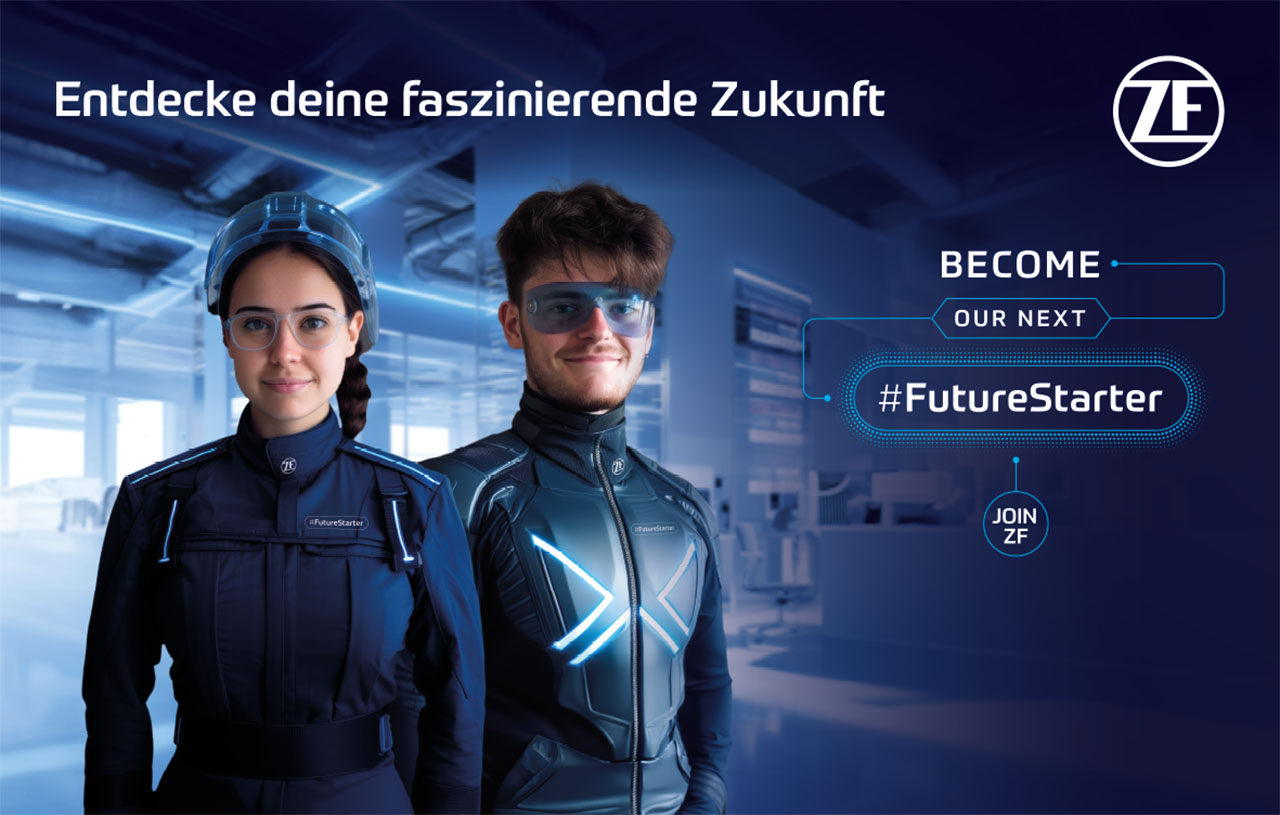 Zwei Personen in dunkelblauer Kleidung in futuristischer Umgebung. Spruch: Entdecke deine faszinierende Zukunft.