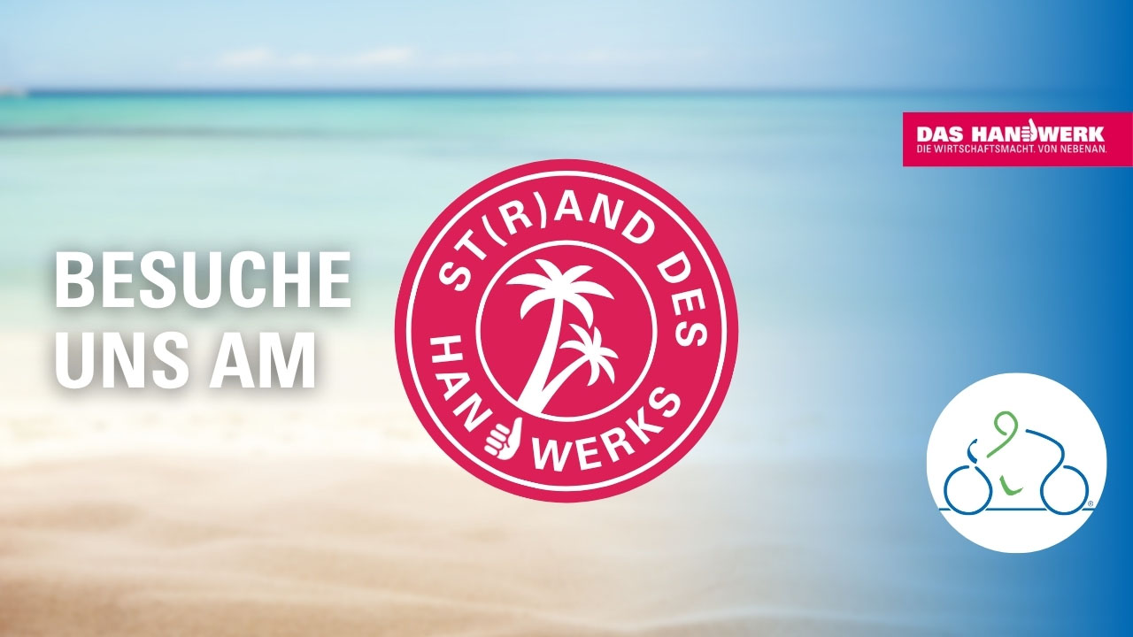 Strandbild mit Aufschrift "Besuche uns am St(r)and des Handwerks" und Logo Zweiradmechaniker-Innung Oldenburg 