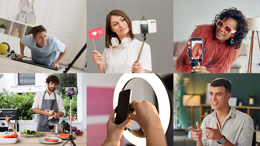 Symbolhafte Collage mit Influencer*innen bei ihrer Arbeit. Bider: freepik.