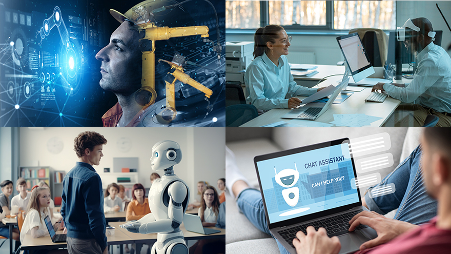 Collage: Person vor Bildschirm (Collage mit Roboterarm), zwei Personen im Büro am Schreibtisch (Person trägt VR-Brille), Roboter im Klassenzimmer zusammen mit Lehrkraft vor einer Schulklasse, junger Mann mit Laptop auf dem Schoß nutzt Chatbot./Bilder von freepik