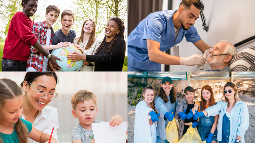 Collage: Junge Menschen bei verschiedenen Freiwilligendiensten (als Team im Einsatz für die Umwelt, bei der Kinderbetreuung, in der Pflege)