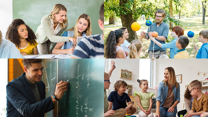 Collage: Lehrerin im Gespräch mit Schülerinnen, Lehrkraft/Erzieher mit Kinder in einem Park, sie halten Planeten-Modelle in den Händen, Mathematiklehrkraft schreibt Rechenaufgabe an eine Tafel, Erzieherin zusammen mit Kindern in einer Kita. 