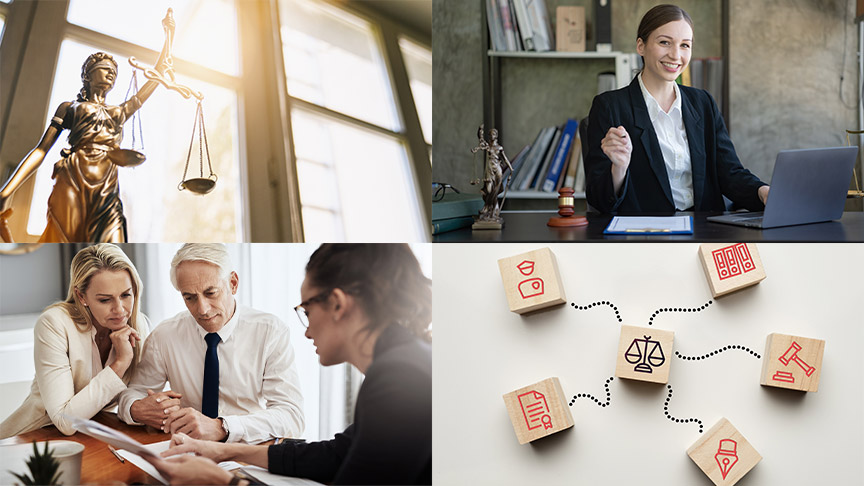 Collage zu juristischen Berufen/Symbolen: Justitia, Anwältin am Schreibtisch, Anwältin mit Klienten, Würfel mit juristischen Symbolen.