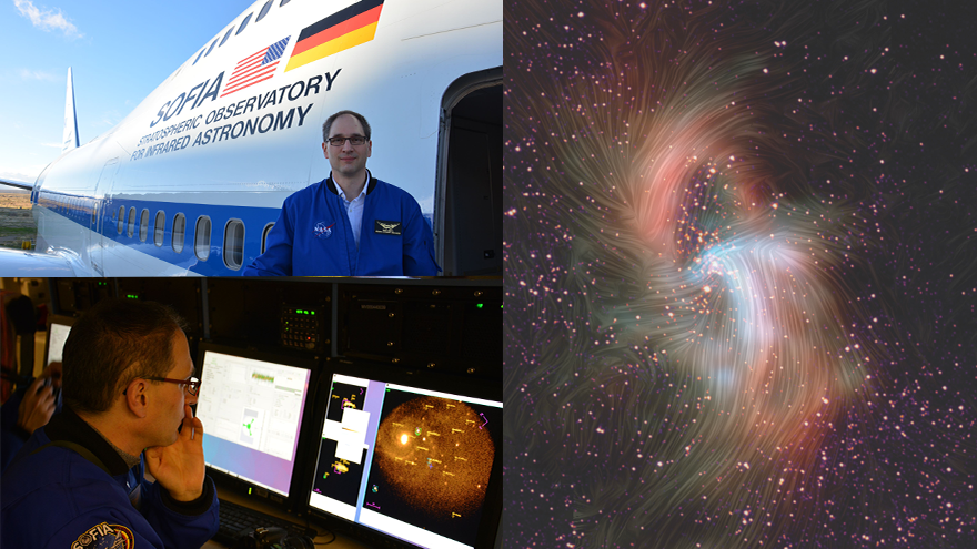 Collage: Mario Cimiotti vor der "Fliegenden Sternwarte"SOFIA und am Bildschirm während eines Stratosphärenflugs. Rechts daneben: Bild mit Magnetfeldlinien vom Zentrum der Milchstraße