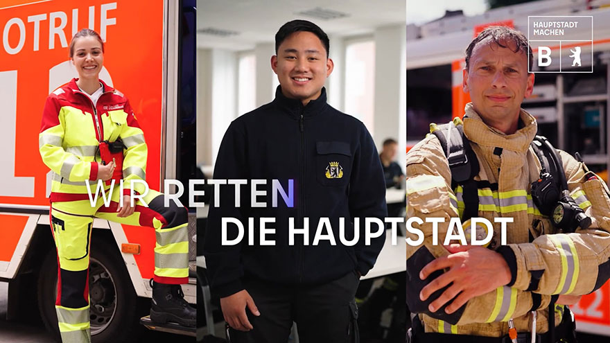 Collage mit Rettungssanitäterin und Feuerwehrleuten.