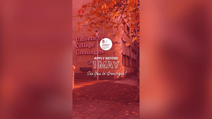 Stilisierte rot eingefärbte Außenaufnahme der University College Groningen.