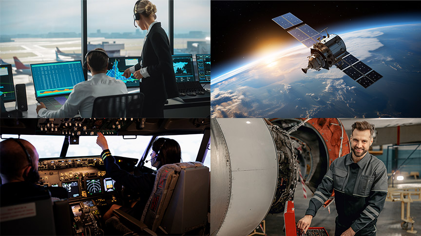 Collage zu Berufen in de rLuft- und Raumfahrt. Flugzeig-Cockpit, Flugsicherung im Tower, Fluggerätemechaniker bei der Arbeit, Satellit im Weltall