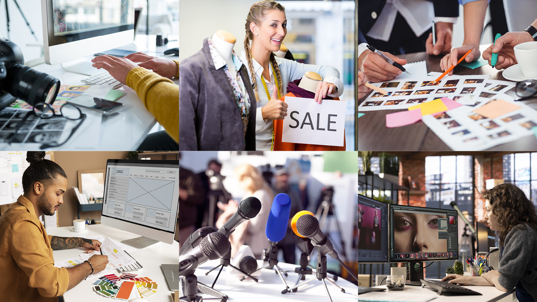 Collage zu Marketing, PR und Werbung.