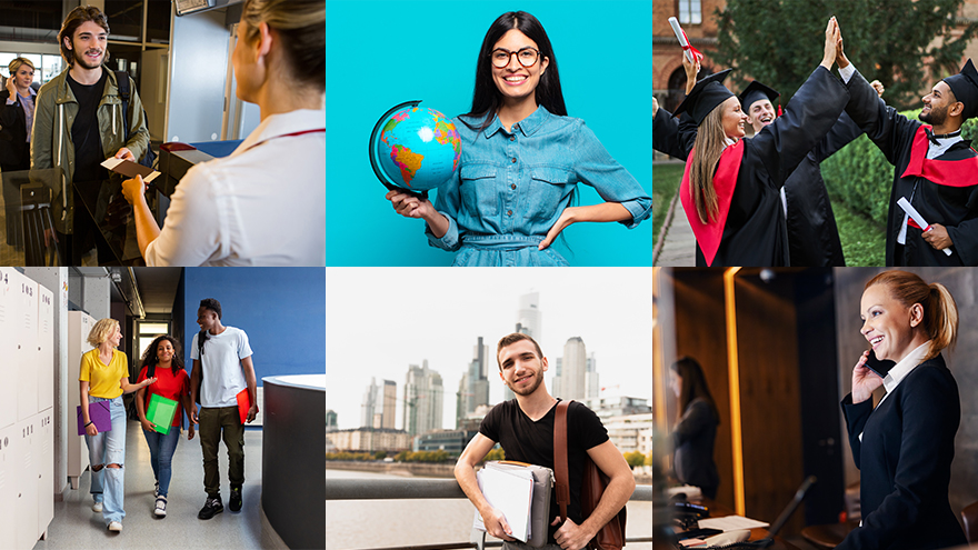 Collage mit Themenbildern zu jungen Menschen im Ausland: Reisender bei der Passkontrolle, junge Frau mit Globus in der Hand, Gruppe von glücklichen Hochschulabsovent*innen, mit anderen Schüler*innen im Schulgebäude, junger Mann auf einer Brücke in einer Großstadt mit Umhängetasche und Unterlagen, junge Hotelmitarbeiterin an der Rezeption.