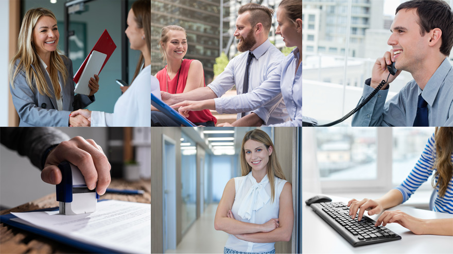 Collage zu Berufen in der Verwaltung: U.a. Angestellte mit persönliche, und telefonischem Kundenkontakt, im Team, bei der Arbeit am Computer und mit Anträgen (Stempel).