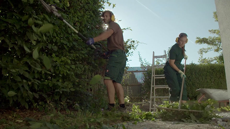 Gärtner und Gärtnerin bei der Arbeit an einer Gartenhecke.